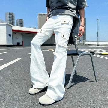 AIDASE  -  Lace-Up Flared Men Jeans American Style High Street Multi-Pocket Cargo Denim Pants Slim Fit Solid Color Trousers 21E6810 aidase-shop